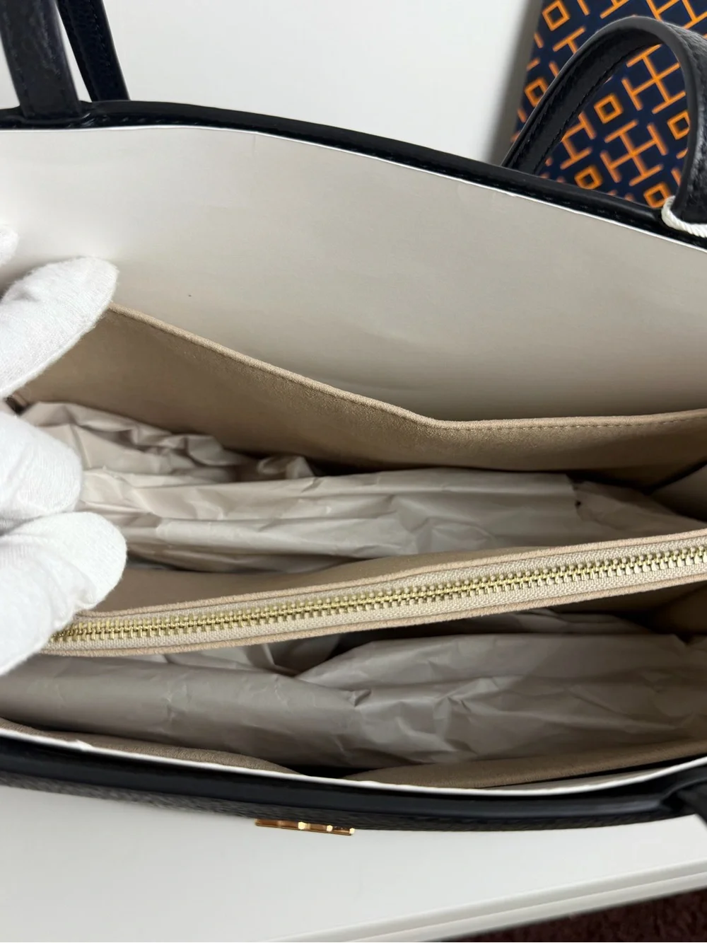 Tory Burch Britten Black Leather Top-Handle Tote with White Trim